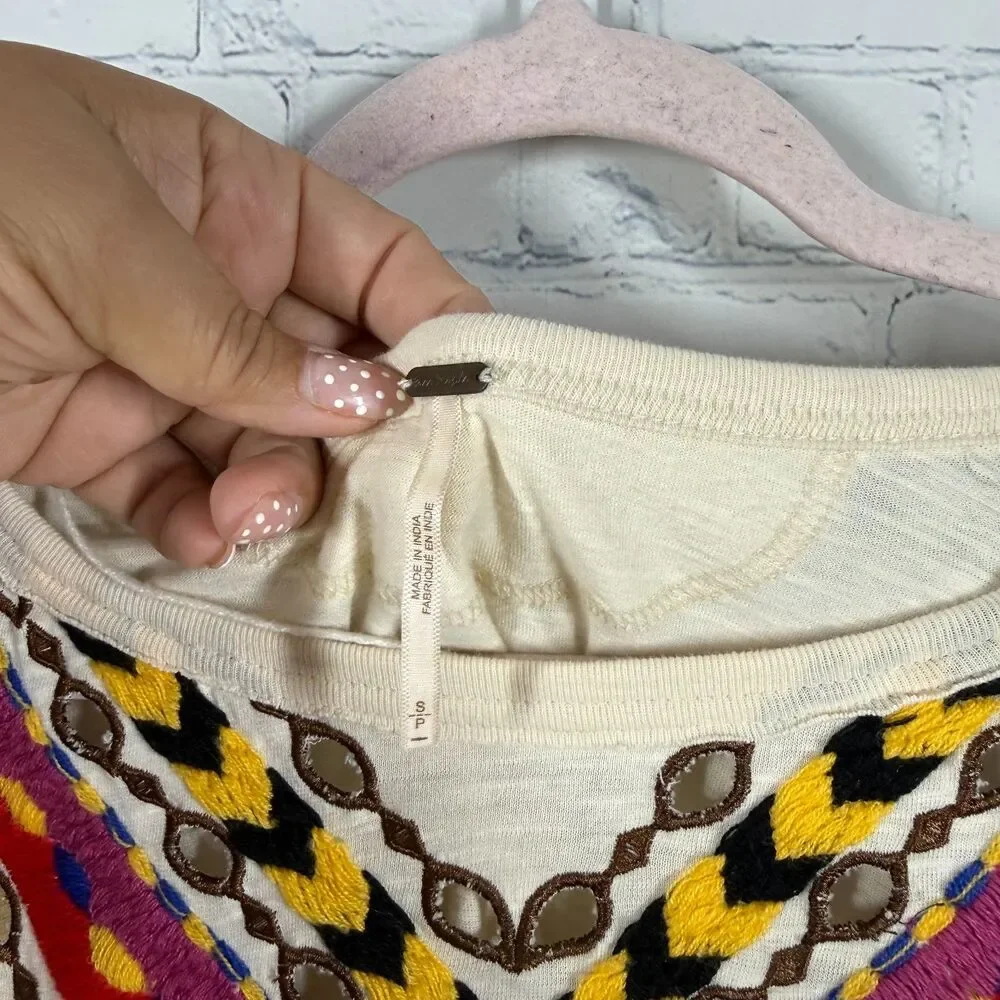 Free People Blouse Womens Small Ivory Embroidered Boho Balloon Sleeve Crop Top